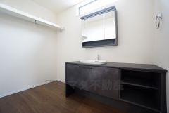 三面鏡つき洗面台。収納も一体型になっているので、ドライヤーやヘアアイロンの置き場に困りませんね。