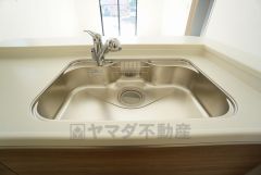 大きな鍋などもラクラク洗えるワイドサイズを採用。排水口が奥なので水の流れもスムーズです。浄水器内蔵型シャワー水栓つき。