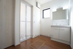 同仕様写真。レバーシャワーで引き出して使用できます。収納も一体型になっているので、ドライヤーやヘアアイロンの置き場に困りませんね。