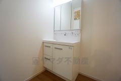 収納が隠れて使いやすい、シャワー付き三面鏡洗面ドレッサーです。朝の準備もぬかりなくできます。