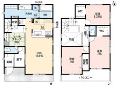 LDK広々19.5帖。マルチスキップ・カウンター・パントリー・WIC2ヵ所・バルコニー有。南向きで日当たり良好＾＾