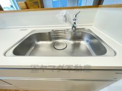 広々とした凸型シンクに洗剤ポケットを標準装備。大きなお鍋など洗いやすいです。洗剤や石鹸、スポンジもすっきりできる収納付き。