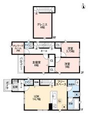 家族の会話が増えるリビング階段採用。主寝室にはテレワークルーム付きです＾＾固定階段式の小屋裏収納が広々約6帖分＾＾