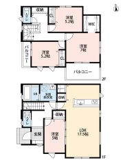 約17.5帖のLDKには約5帖の洋室が隣接＾＾バルコニー2カ所有。2階廊下には収納スペースを確保＾＾