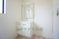 レバーシャワーで引き出して使用できます。収納も一体型になっているので、ドライヤーやヘアアイロンの置き場に困りませんね。