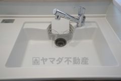 同仕様写真。広々とした凸型シンクに洗剤ポケットを標準装備。大きなお鍋など洗いやすいです。洗剤や石鹸、スポンジもすっきりできる収納付き。