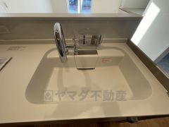 広々とした凸型シンクに洗剤ポケットを標準装備。大きなお鍋など洗いやすいです。洗剤や石鹸、スポンジもすっきりできる収納付き。