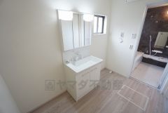 同仕様写真。収納が隠れて使いやすい、シャワー付き三面鏡洗面ドレッサーです。朝の準備もぬかりなくできます。