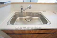 広々とした凸型シンクに洗剤ポケットを標準装備。大きなお鍋など洗いやすいです。洗剤や石鹸、スポンジもすっきりできる収納付き。