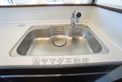 広々とした凸型シンクに洗剤ポケットを標準装備。大きなお鍋など洗いやすいです。洗剤や石鹸、スポンジもすっきりできる収納付き。