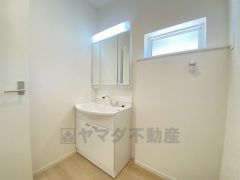 レバーシャワーで引き出して使用できます。収納も一体型になっているので、ドライヤーやヘアアイロンの置き場に困りませんね。