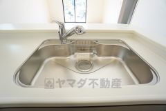 大きな鍋などもラクラク洗えるワイドサイズを採用。排水口が奥なので水の流れもスムーズです。浄水器内蔵型シャワー水栓つき。
