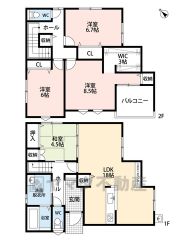 LDKと隣接する和室を合わせて22.5帖。スタディーカウンター・リビング収納・WIC・バルコニーあり＾＾2Fは全居室6帖以上でお子様が将来大きくなっても使いやすい広さです＾＾