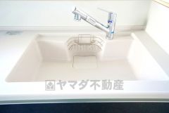 広々とした凸型シンクに洗剤ポケットを標準装備。大きなお鍋など洗いやすいです。洗剤や石鹸、スポンジもすっきりできる収納付き。