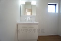 レバーシャワーで引き出して使用できます。収納も一体型になっているので、ドライヤーやヘアアイロンの置き場に困りませんね。