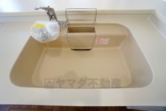 大きめの鍋も洗える使い勝手の良い異形シンク。水はねの音や食器が当たる音を大幅に軽減する静音仕様。