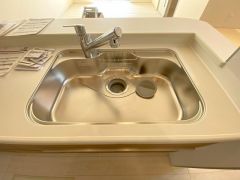 大きめの鍋も洗える使い勝手の良い異形シンク。水はねの音や食器が当たる音を大幅に軽減する静音仕様です。