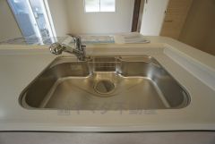 大きな鍋などもラクラク洗えるワイドサイズを採用。排水口が奥なので水の流れもスムーズです。浄水器内蔵型シャワー水栓つき。