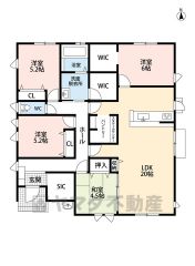 平屋住宅。生活導線が良い設計です＾＾ LDK広々20帖。 SIC・WIC・・スタディーカウンター・パントリー・ファミリークローク有。 全居室収納有＾＾