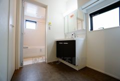 同仕様写真。レバーシャワーで引き出して使用できます。収納も一体型になっているので、ドライヤーやヘアアイロンの置き場に困りませんね。