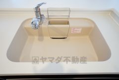 同仕様写真。広々とした凸型シンクに洗剤ポケットを標準装備。大きなお鍋など洗いやすいです。洗剤や石鹸、スポンジもすっきりできる収納付き。