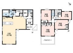 LDK広々22.7帖。IC・バルコニー有。 2階洋室4部屋。全居室フローリングでお掃除ラクラク。3面採光＾＾
