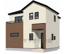 （1号棟）完成予想図 設備仕様も充実した新築戸建です。 ホワイト・ブラウンを基調としたハイセンスな外観です＾＾ 建物ごとに間取りや色味が異なりますので、ぜひ一度現地で見比べてください＾＾