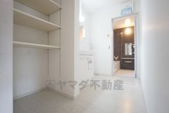 同仕様写真。レバーシャワーで引き出して使用できます。収納も一体型になっているので、ドライヤーやヘアアイロンの置き場に困りませんね。