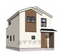 （2号棟）完成予想図。ホワイト・ブラウンを基調としたハイセンスな外観です＾＾ 設備仕様も充実した新築戸建です。 快適でゆとりのある生活空間で新生活を始めましょう^^