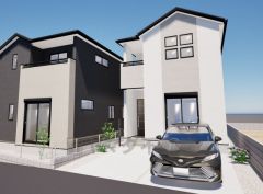 完成予想図。2号棟。流行に左右されないベーシックなカラーリングは、永住にふさわしい佇まいです。