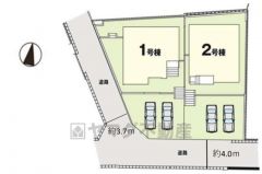 1号棟。前面道路は公道西側約3.7ｍ、南側4ｍ。 カースペースはゆとりある並列2台分を確保＾＾