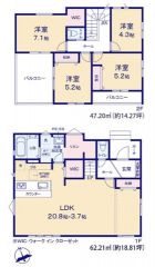 約24.5帖のLDKにはリビング階段採用＾＾主寝室には大容量の納戸を確保しました＾＾居室は2面採光を確保しており明るく開放的＾＾