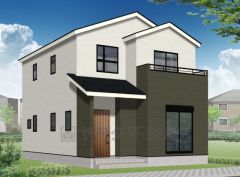 （1号棟）完成予想図。シンプルでいつまでも飽きのこないデザインが周囲の環境に調和し、どんなご家族にもフィットするデザインです。