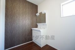 レバーシャワーで引き出して使用できます。収納も一体型になっているので、ドライヤーやヘアアイロンの置き場に困りませんね。
