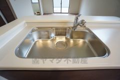 大きな鍋などもラクラク洗えるワイドサイズを採用。排水口が奥なので水の流れもスムーズです。浄水器内蔵型シャワー水栓つき。
