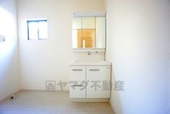 レバーシャワーで引き出して使用できます。収納も一体型になっているので、ドライヤーやヘアアイロンの置き場に困りませんね。