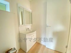 収納が隠れて使いやすい、シャワー付き三面鏡洗面ドレッサーです。朝の準備もぬかりなくできます。