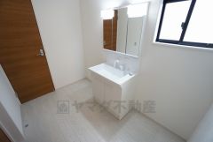 同仕様写真。レバーシャワーで引き出して使用できます。収納も一体型になっているので、ドライヤーやヘアアイロンの置き場に困りませんね。