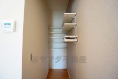 キッチン横可動棚式パントリー。食器やキッチン用品、食料品の保存に便利です＾＾可動棚式なので高さのある物もスッキリ収納できます＾＾