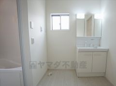 同仕様写真。収納が隠れて使いやすい、シャワー付き三面鏡洗面ドレッサーです。朝の準備もぬかりなくできます。