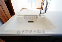 広々とした凸型シンクに洗剤ポケットを標準装備。大きなお鍋など洗いやすいです。洗剤や石鹸、スポンジもすっきりできる収納付き。