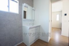 収納が隠れて使いやすい、シャワー付き三面鏡洗面ドレッサーです。朝の準備もぬかりなくできます。