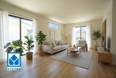 家具はイメージです。大きな窓のあるリビングは、陽光あふれる明るい空間です。居心地良く、ご家族皆がゆったり寛げる憩いの空間となりそうです。