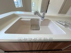 大きな鍋などもラクラク洗えるワイドサイズを採用。排水口が奥なので水の流れもスムーズです。浄水器内蔵型シャワー水栓つき。