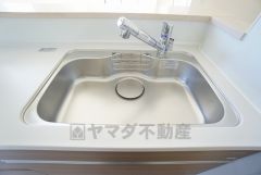 広々とした凸型シンクに洗剤ポケットを標準装備。大きなお鍋など洗いやすいです。洗剤や石鹸、スポンジもすっきりできる収納付き。