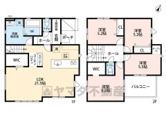 SIC・WIC2カ所・スタディーカウンター・リビング階段・全居室5帖以上・南東バルコニー。LDKは21帖以上の大空間となります＾＾