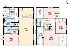 リビング約20帖の大空間。隣接する洋室と一体利用すると約26帖の空間です＾＾ 2面バルコニーで日当たり風通し良好。5.1帖の大容量ウォークインクローゼット完備＾＾