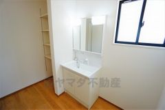 同仕様写真。シャワーホース付のシャンプードレッサー。鏡付きで毎朝の支度もはかどります。歯みがきセットや化粧品もきれいに整頓できますよ。