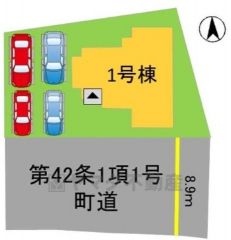 区画図。 カースペースは4台付きで、来客時も安心です＾＾ 敷地面積広々56坪。 大型バイクや自転車なども置ける広さです＾＾