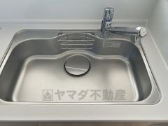 広々とした凸型シンクに洗剤ポケットを標準装備。大きなお鍋など洗いやすいです。洗剤や石鹸、スポンジもすっきりできる収納付き。